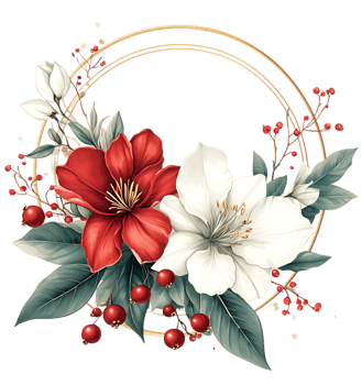 Elegant red and white floral wreath with gold frame png