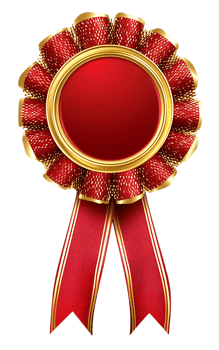 Blank red rosette with gold ribbon for award ceremony. png
