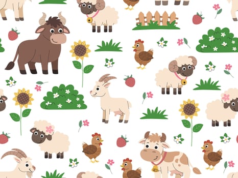 Cartoon kids seamless pattern farm animals. Livestock and poultry, bushes, flowers and fence. Rustic cute background with bushes, grass and flowers. vector