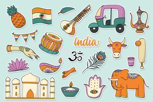 Indian doodles, stickers collection, clipart. Indian culture elements for prints, posters, banners, social media, etc. EPS 10 vector