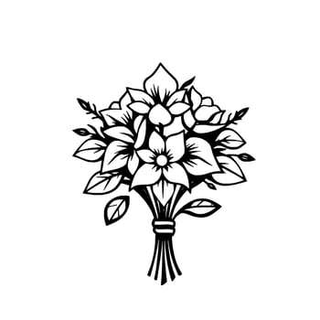 Detailed black and white floral illustration of a tied bouquet of stylized flowers and leaves, presented on a clean white background. vector