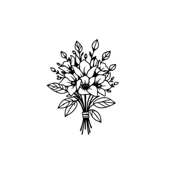 Detailed Black and White Floral Line Art Illustration of a Bouquet featuring open blossoms, leaves, and buds, tied at the stems. vector