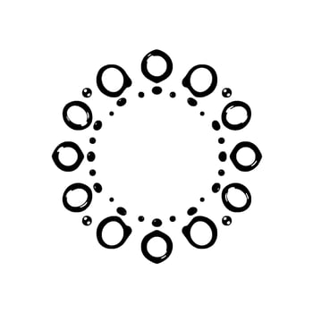 A symmetrical black and white circular featuring a stylized pattern of bold outlined rings and small dots against a clean white background. vector