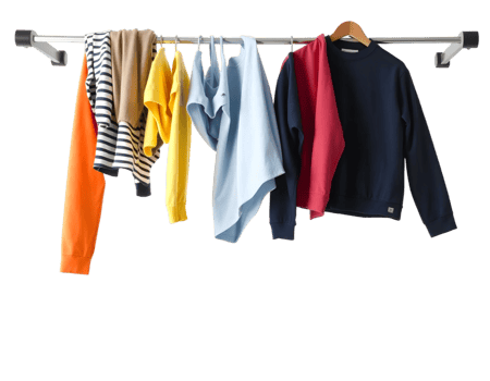 Rack with different clothes hanging on rack, isolated on transparent background png