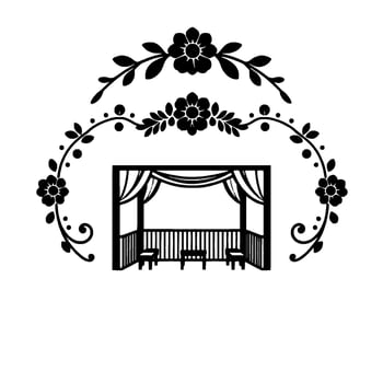Elegant Black and White Illustration Gazebolike Structure with Draped Curtains, Floral Arch, Chairs and Table vector