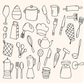 Hand drawn kitchen utensils with doodle illustration style vector