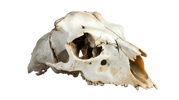 Weathered deer skull with visible cracks isolated on transparent background png