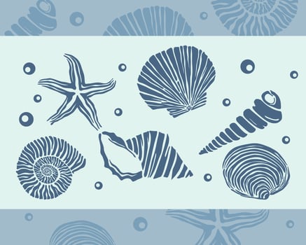Marine life illustration pattern element mollusk, shell, scallop, starfish, deep sea background layout silhouette print art editable vector