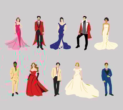 A collection of celebrity characters dressed in elegant and luxurious outfits, for fashion projects, event promotions, magazine covers, and luxury-themed designs. vector
