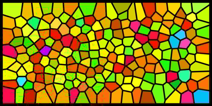 A vibrant stained glass mosaic with irregular geometric shapes in shades of yellow, red, green, blue, and orange, outlined in black, creating a dynamic and colorful abstract pattern. vector
