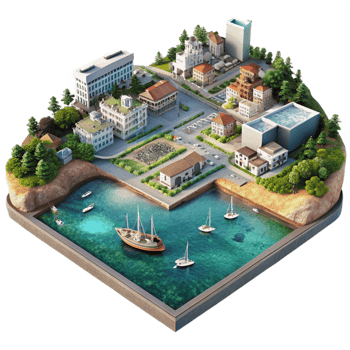 impressive vintage Aerial Photograph of Coastal Town with Harbor Isolated 4K png
