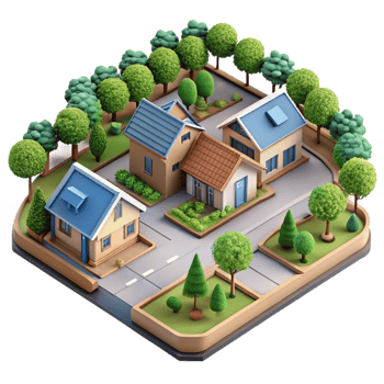 vibrant abstract Aerial View of Suburban Neighborhood with Gardens Isolated authentic png