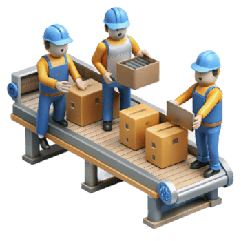 dramatic traditional Assembly Line Workers Busy Scene Isolated exclusive png