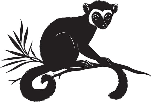 Lemur Resting Body lying on the ground or perched on a branch, curled tail resting beside. full length silhouette black illustration vector