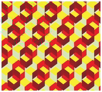 A repeating pattern of 3 dimensional hexagonal shapes in red, yellow, and pale green, creating a vibrant, optical illusion effect. vector