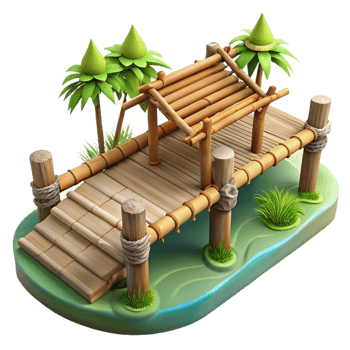 extraordinary rustic Bamboo Bridge Over River Isolated on White 4K png