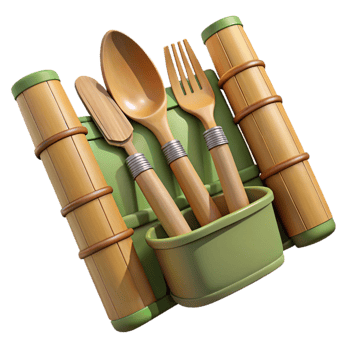 beautiful artistic Bamboo Cutlery Set Angled View Transparent Background exclusive png
