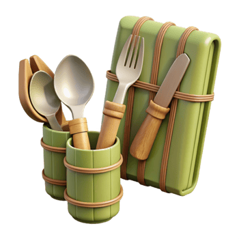 wonderful classic Bamboo Cutlery Set Angled View Transparent Background detailed png
