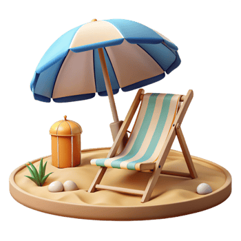vibrant modern Beach with Umbrella and Chair Isolated Element detailed png