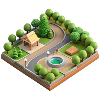 wonderful vintage Birdseye Perspective of City Park with Playground Transparent Background high quality png