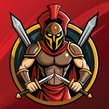 Fierce Spartan Warrior Emblem with Crossed Swords and Shields in Defensive Stance vector