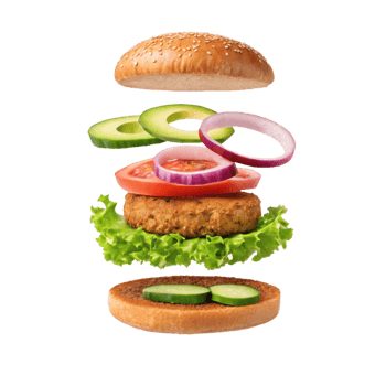 Floating ingredients of a veggie burger, including lettuce, tomato, cucumber, patty, and bun. concept of food preparation png