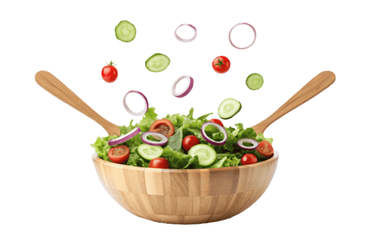 Wooden bowl with fresh vegetable salad, flying cucumber, tomato, and onion slices, wooden spoons, healthy meal concept png