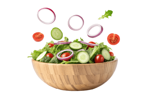 Wooden bowl of fresh salad with lettuce, tomatoes, cucumbers, and onions. Healthy food png
