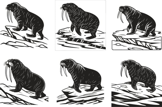 Sea Lion and Walrus Engraving Clipart vector