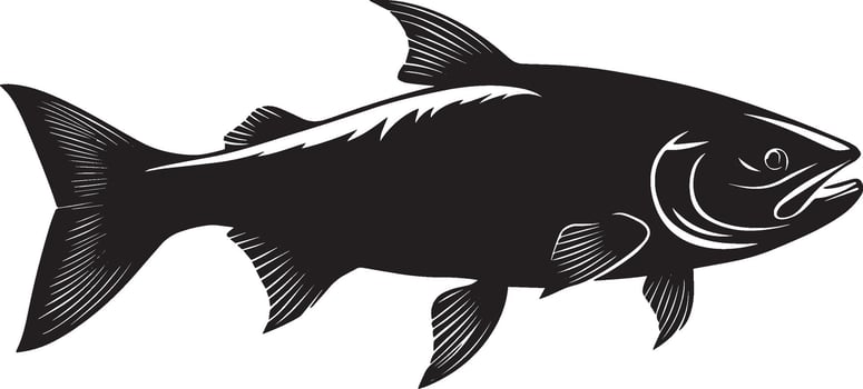 Salmon in motion sleek form swimming through the water, fins spread wide, and tail softly undulating in a black outline. vector