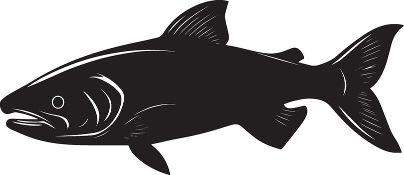 Salmon lounging suspended still in the water, body calm with fins at ease and tail slightly coiled in a black outline. vector