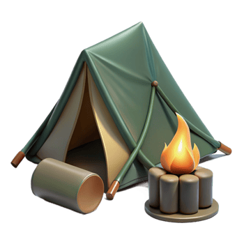 dramatic traditional Camping Tent and Campfire Isolated on Transparent Background high quality png