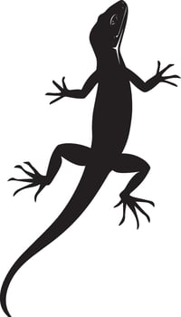 Lizard standing guard tail held high, body curved, and head lifted to maintain awareness in a black outline. vector
