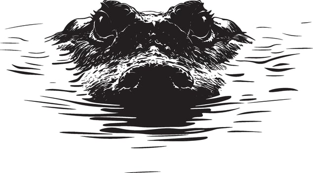 Crocodile Hunting Body low in the water with eyes and nose above the surface tail still. full length silhouette black illustration vector
