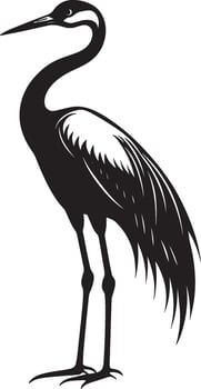Crane lounging standing still with wings neatly tucked, neck bent, and body at ease in a black outline. vector