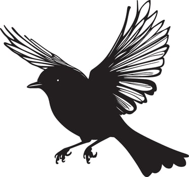 Robin Flying Wings fully spread body in mid-air tail extended legs tucked in. full length silhouette black illustration vector
