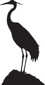 Crane Perching Sitting on a tall surface such as a rock or tree branch with neck slightly curved. full length silhouette black illustration vector