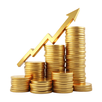 Financial Growth, Stacks of golden coins ascending with a rising arrow, symbolizes financial growth, investment, and economic Data png