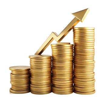 Financial Growth Concept, A gleaming gold arrow pointing upwards, gracefully ascends over stacks of golden coins, symbolizing financial progress. png