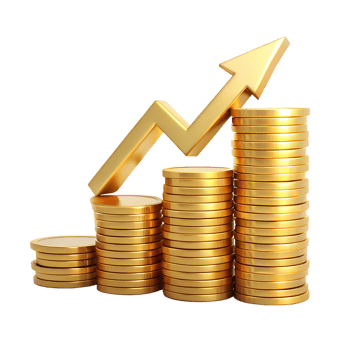 Golden Growth, Stacks of gold coins with upward pointing arrow, depicting financial growth, investment success, and wealth accumulation. png