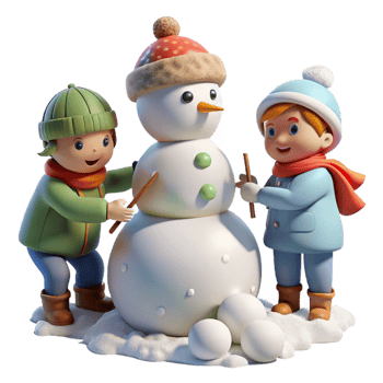 beautiful rustic Children Building Snowman Winter Scene Isolated high resolution png