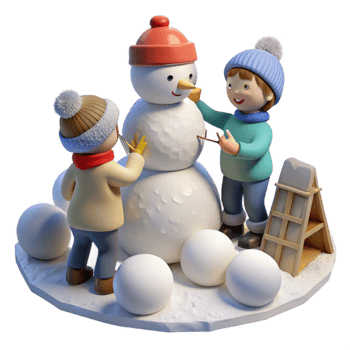 serene modern Children Building Snowman Winter Scene Isolated exclusive png