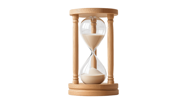 A classic wooden-framed hourglass with fine beige sand flowing png