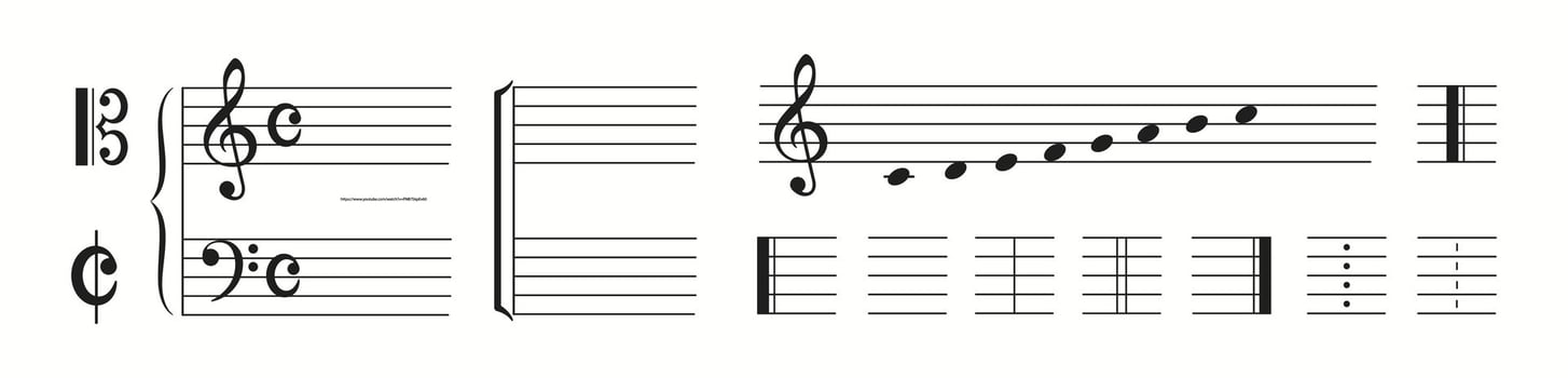 Illustration featuring various musical notations including treble and bass clefs, time signature, notes on staff lines, and bar lines in a linear arrangement. vector