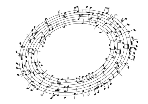 Illustration of musical notes arranged in a circular pattern forming a spiral shape on a white background. This abstract design emphasizes rhythm and melody. vector