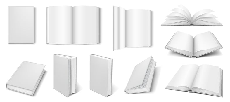 Realistic 3D mockup of blank books with various angles and perspectives, perfect for showcasing book designs. vector