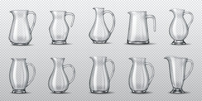 Collection of ten glass jugs with different shapes and designs in a realistic 3D rendering. High-detail reflections and transparency make them perfect for design projects. vector