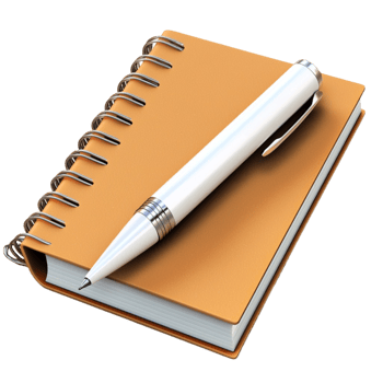 Spiral bound notebook with a sleek white pen placed on top png