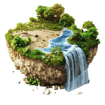Floating island with lush green trees and a cascading waterfall png