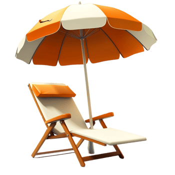 Comfortable beach chair under an orange and white umbrella png